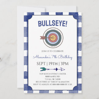 Invitation Fête d'anniversaire de tir à l'arc à gingham bleu