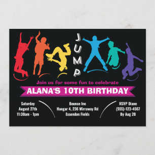 Invitation Fête d'anniversaire de trampoline à saut arc-en-ci