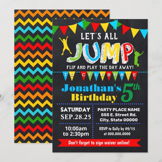 Invitation Fête d'anniversaire de Trampoline Jump de Chalkboa (Devant / Derrière)