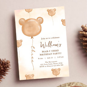 Invitation Fête d'anniversaire de trois ans de ballon d'ours