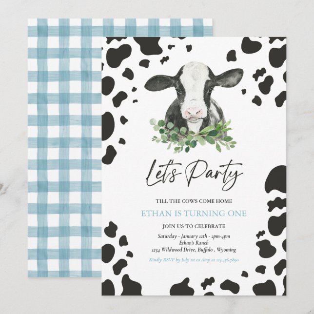 Invitation Fête d'anniversaire de vache Boy Ranch Farm Annive (Devant / Derrière)