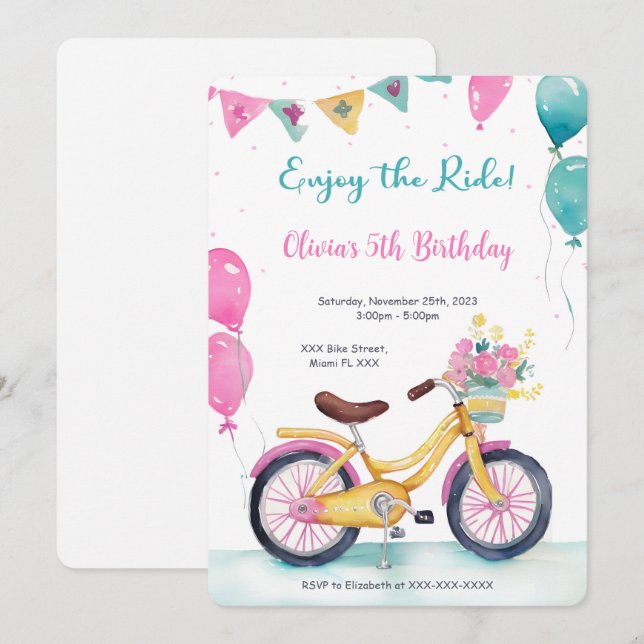 Invitation Fête d'anniversaire de vélo rose et bleu (Devant / Derrière)