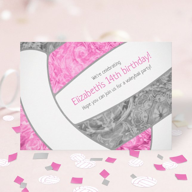 Invitation fête d'anniversaire de volley-ball gris rose (Créateur téléchargé)