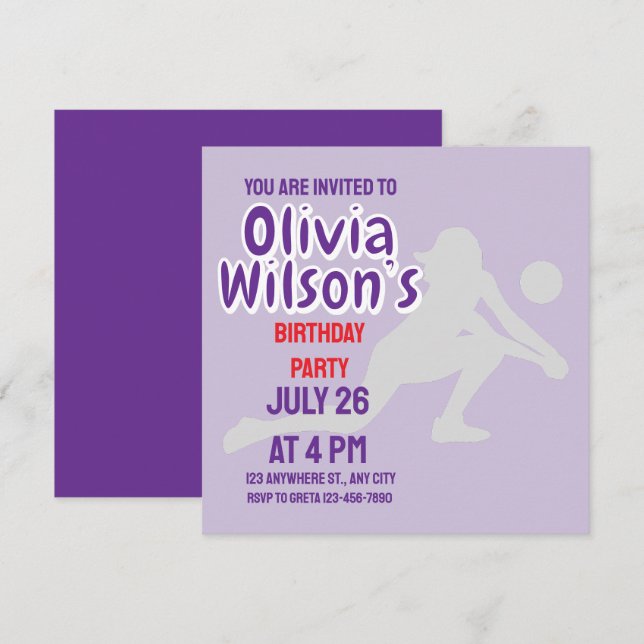 Invitation Fête d'anniversaire de volley-ball, Joueuse de vol (Devant / Derrière)