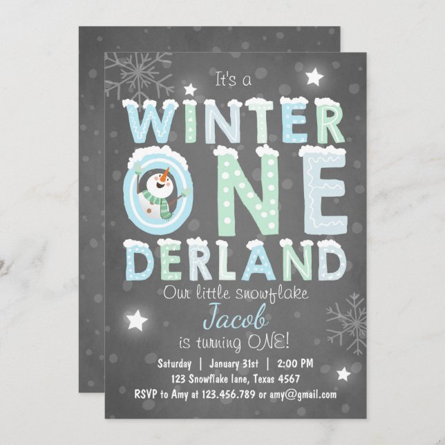 Invitation Fête d'anniversaire de Winter Onederland invitatio (Devant / Derrière)