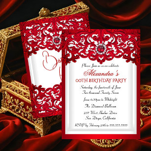 Invitation Fête d'anniversaire dentelle blanche rouge damassé