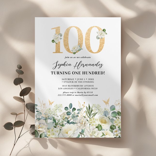 Invitation Fête d'anniversaire des 100 ans florale verte et b (Créateur téléchargé)