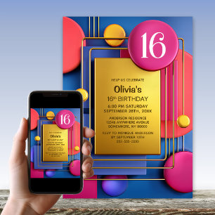 Invitation Fête d'anniversaire des 16 ans Abstrait Or Rose