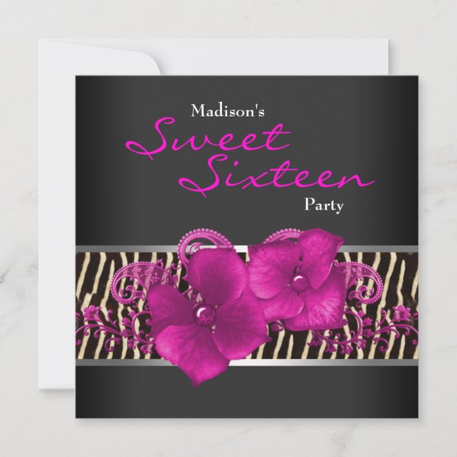 Invitation Fête d'anniversaire des 16 ans Black Hot Pink Zebr (Devant)