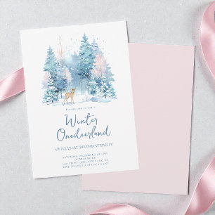 Invitation Fête d'anniversaire des 1 an Pink Woodland Winter 