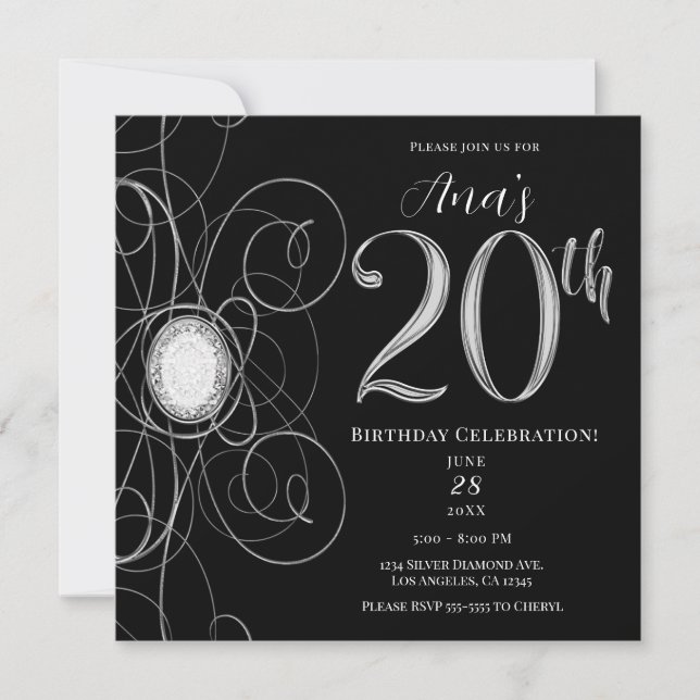 Invitation Fête d'anniversaire des 20 ans Black & Silver Diam (Devant)