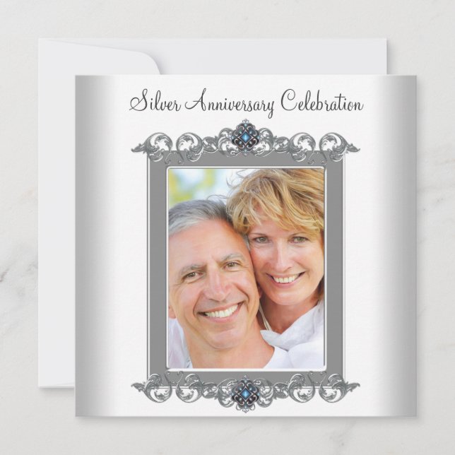 Invitation Fête d'anniversaire des 25 ans argent photo bleu s (Devant)