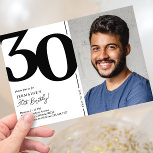 Invitation Fête d'anniversaire des 30 ans en photo noir blanc