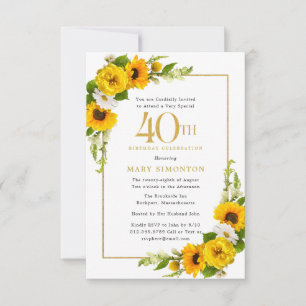 Invitation Fête d'anniversaire des 40 ans au tournesol rustiq