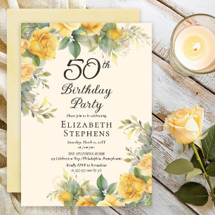 Invitation Fête d'anniversaire des 50 ans Rose jaune élégante
