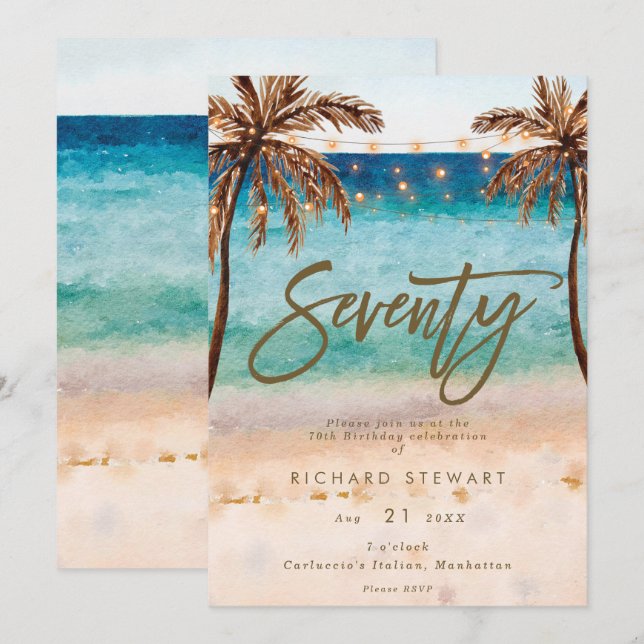 Invitation fête d'anniversaire des 70 ans sur une plage tropi (Devant / Derrière)