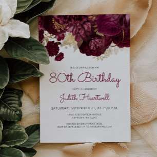 Invitation Fête d'anniversaire des 80 ans aux fleurs rouges d