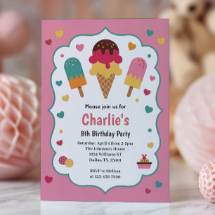 Invitation Fête d'anniversaire des 8 ans de Cute Girls Ice Cr