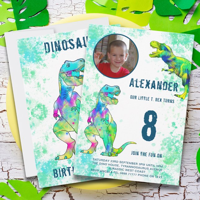 Invitation Fête d'anniversaire des 8 ans du dinosaure T-Rex (T-Rex dinosaur 8th birthday party invitation with photo template & colorful watercolor tyrannosaurus)