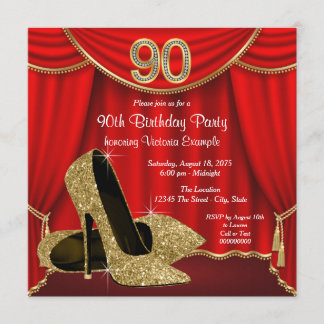Invitation Fête d'anniversaire des 90 ans Red Gold High Heel