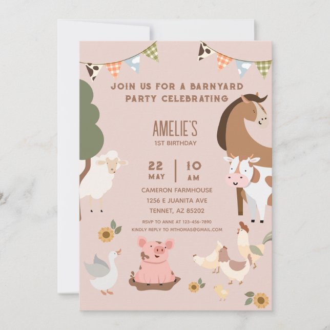 Invitation Fête d'anniversaire des animaux de ferme (Devant)