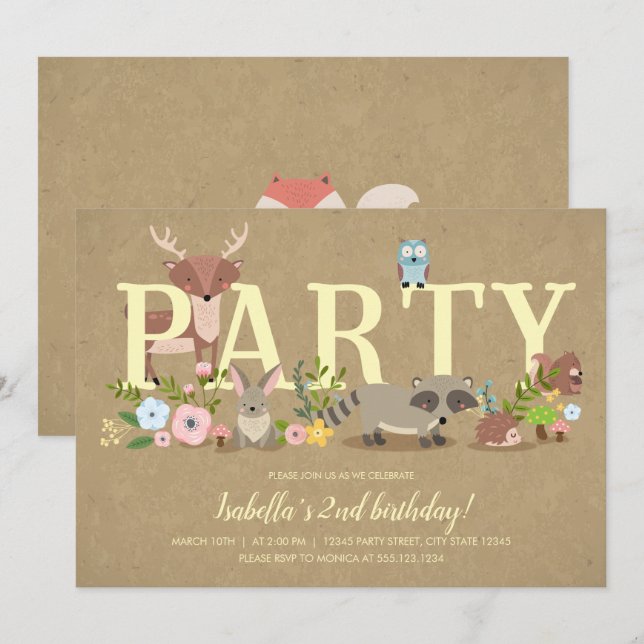 Invitation Fête d'anniversaire des animaux de forêt de bois (Devant / Derrière)