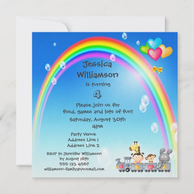 Invitation Fête d'anniversaire des animaux, des filles, des t (Devant)
