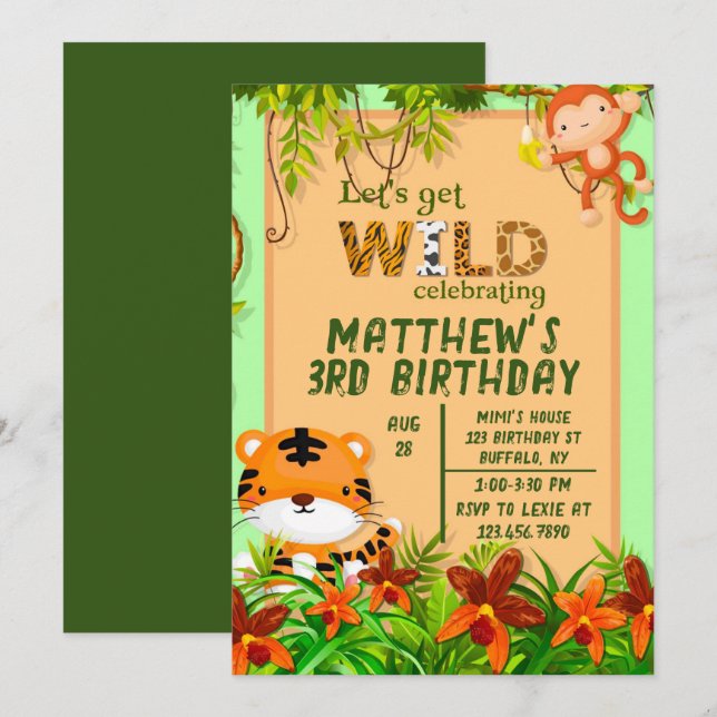 Invitation Fête d'anniversaire des animaux Safari Wild (Devant / Derrière)