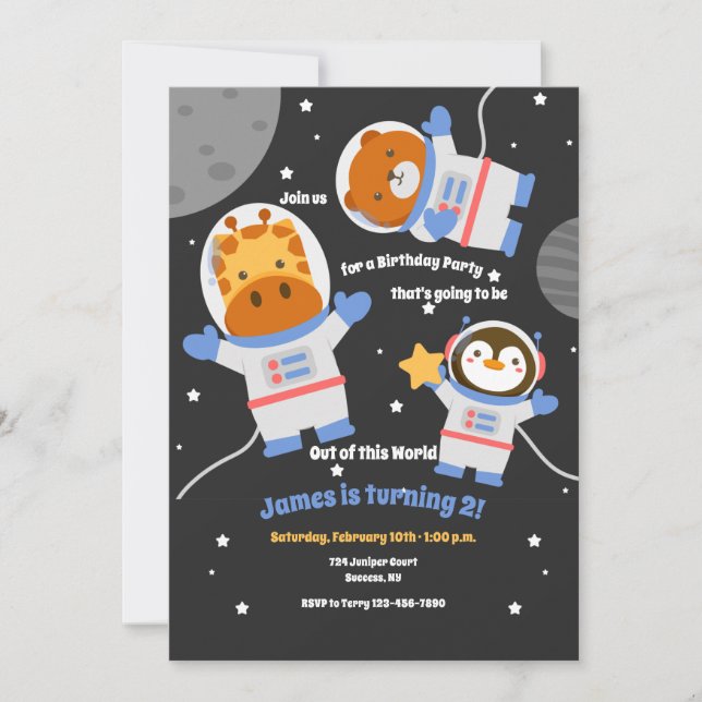 Invitation Fête d'anniversaire des animaux spatiaux (Devant)