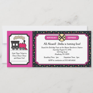 Invitation Fête d'anniversaire des billets de train - rose et