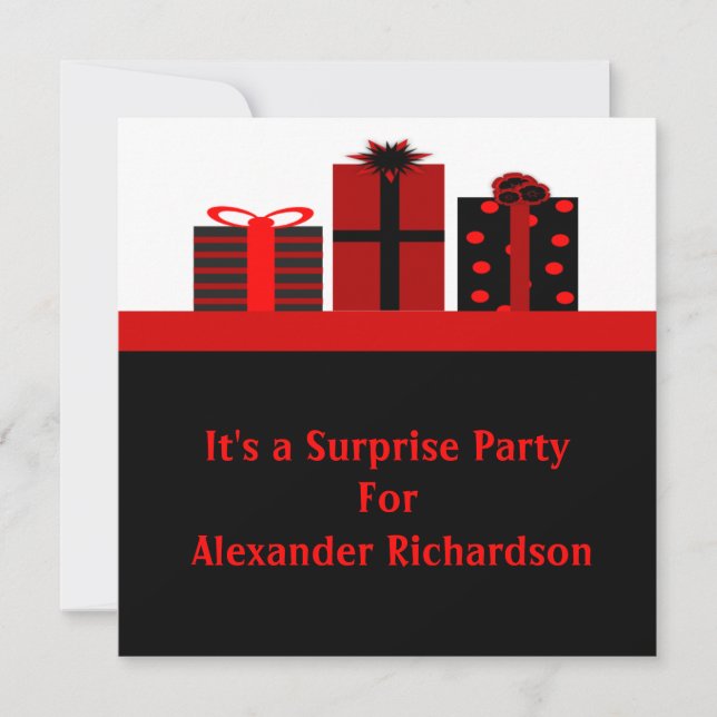 Invitation Fête d'anniversaire des cadeaux noirs et rouges (Devant)