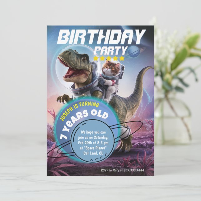 Invitation Fête d'anniversaire des dinosaures et des astronau (Debout devant)