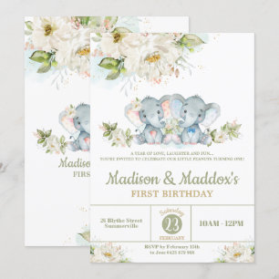 Invitation Fête d'anniversaire des Eléphants Twins Boy Girl