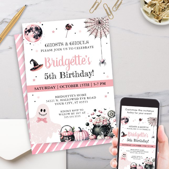 Invitation Fête d'anniversaire des enfants fantômes roses (Fun pink Halloween birthday party invitations for little girls any girl birthday party invite)