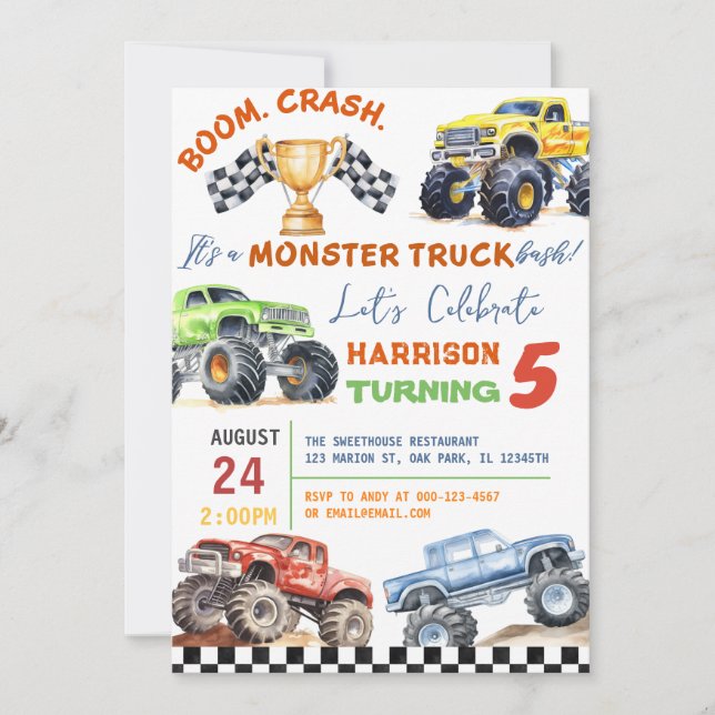 Invitation Fête d'anniversaire des Enfants Monster Trucks (Devant)