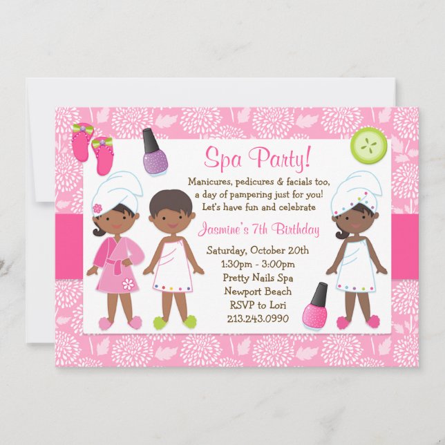 Invitation Fête d'anniversaire des enfants Spa afro-américain (Devant)
