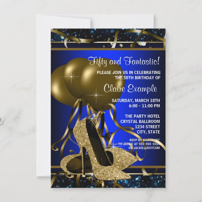 Invitation Fête d'anniversaire des femmes bleu et or haut tal (Devant)
