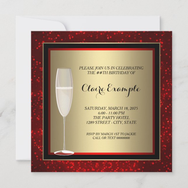 Invitation Fête d'anniversaire des femmes Champagne Rouge et  (Devant)