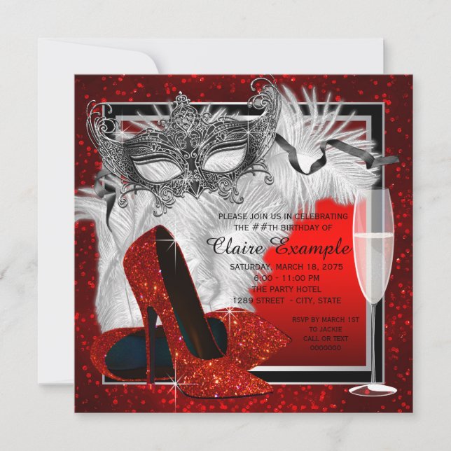 Invitation Fête d'anniversaire des femmes en rouge et noir (Devant)