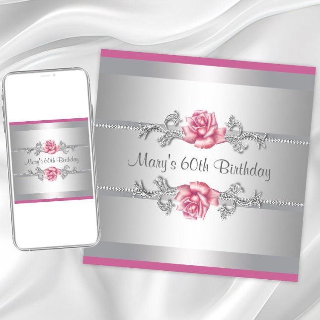 Invitation Fête d'anniversaire des femmes rose (Pink rose any birthday pr event invitation. Instant download and printed invitations available.)