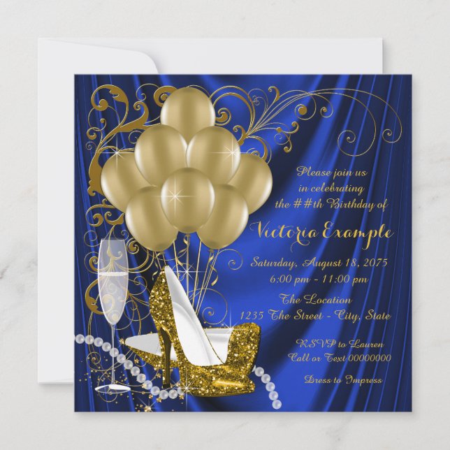 Invitation Fête d'anniversaire des femmes Royal Blue Gold Gla (Devant)