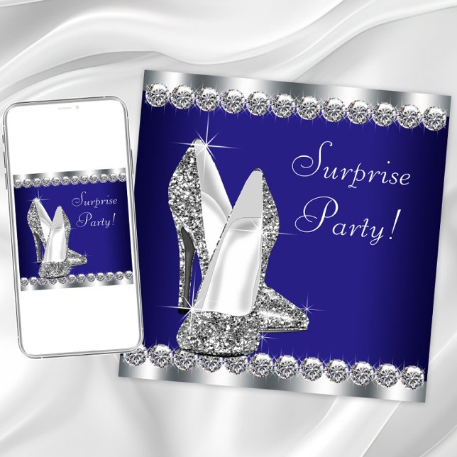 Invitation Fête d'anniversaire des femmes Royal Blue Surprise (Royal blue silver shoe any event invitation. Instant download and printed invitations available.)