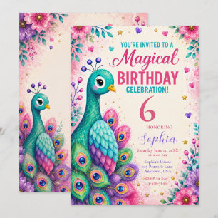 Invitation Fête d'anniversaire des filles au Paon Rose