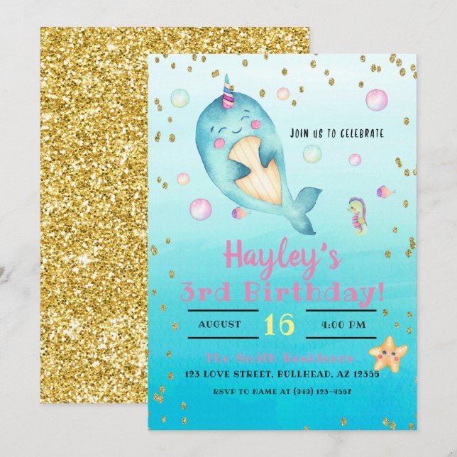 Invitation Fête d'anniversaire des filles pastel aquarelle na (Devant / Derrière)