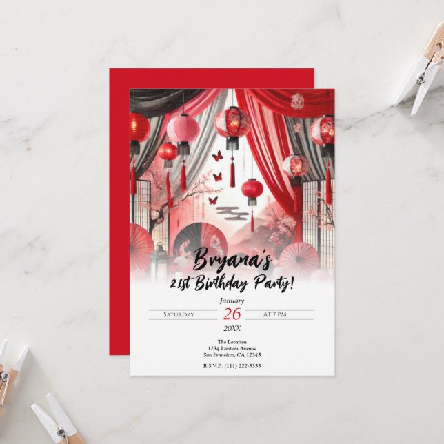 Invitation Fête d'anniversaire des Lanternes japonaises rouge (Devant/Arrière en situation)