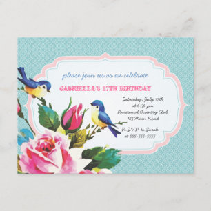 Invitation Fête d'anniversaire des oiseaux et Roses Vintages