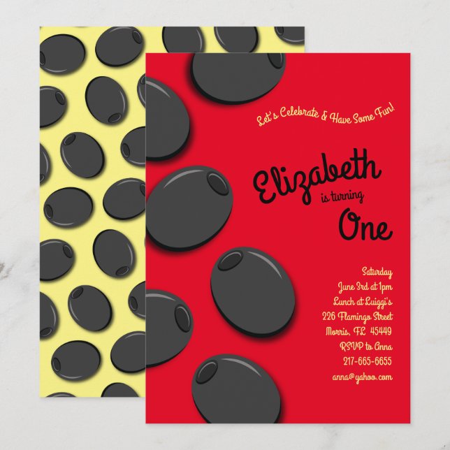Invitation Fête d'anniversaire des olives noires (Devant / Derrière)
