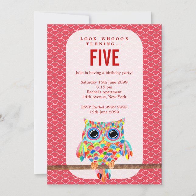 Invitation Fête d'anniversaire des Red Girls Rainbow Owl Invi (Devant)