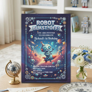 Invitation Fête d'anniversaire des robots dans l'espace 1 an