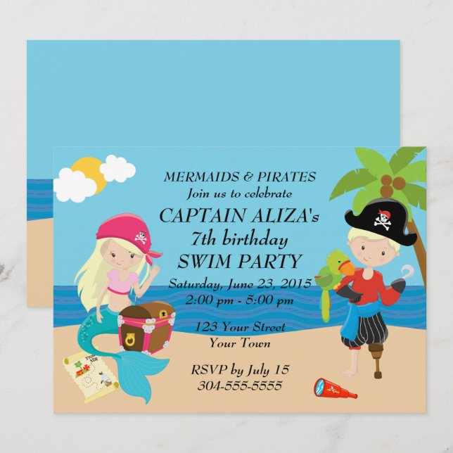 Invitation Fête d'anniversaire des sirènes et des pirates (Devant / Derrière)